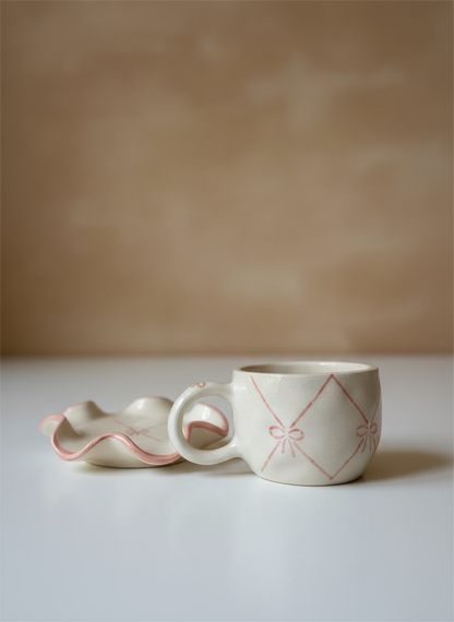 Handmade Ceramic Cup & Saucer Set with Pink Bow Design – Minimalist Pottery
