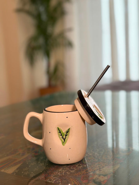 Sage Leaf Handpainted Ceramic Sipper Mug with Lid & Steel Straw