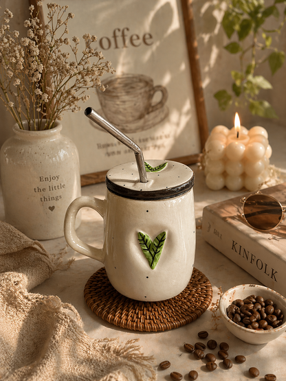 Sage Leaf Handpainted Ceramic Sipper Mug with Lid & Steel Straw