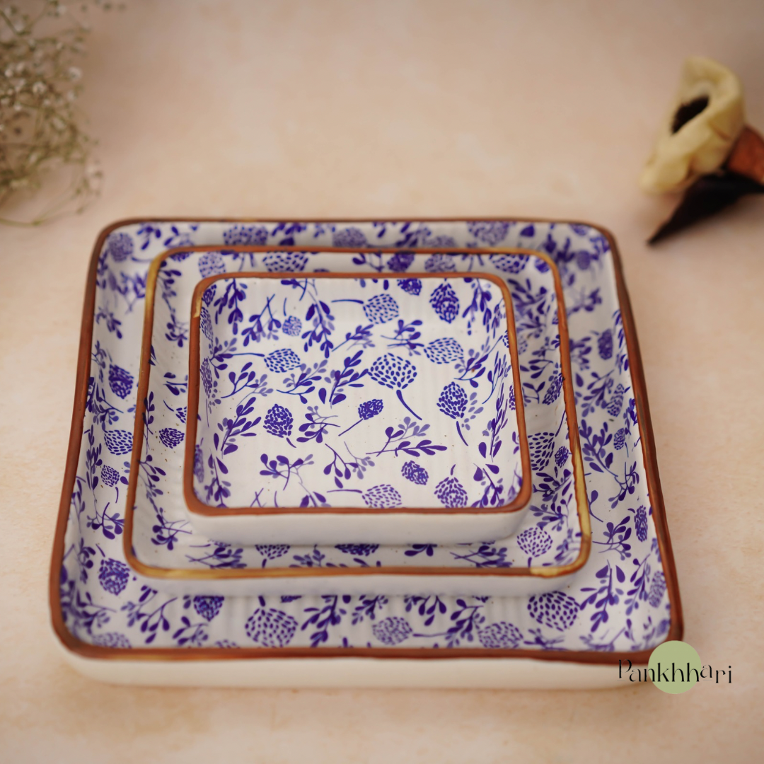 Floral Blue Ceramic Square Snack Platter Set of 3