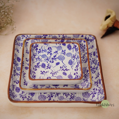 Floral Blue Ceramic Square Snack Platter Set of 3
