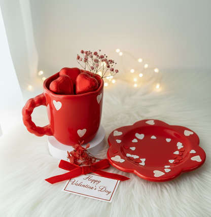 Valentine Heart Mug & Saucer Set | Romantic Ceramic Coffee Cup Gift