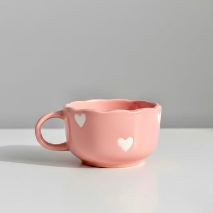 Pink Aesthetic Ceramic Coffee Mug with Hearts | Cute Cappuccino Latte Cup | Handmade Scalloped Rim Mug | Microwave Dishwasher Safe | Gift Mug for Girls | Pankhhari