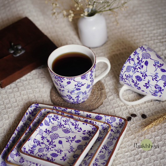 Floral Blue Ceramic Square Snack Platter Set of 3
