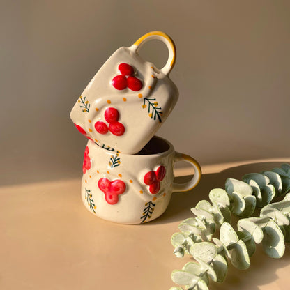 Hand-Painted Ceramic Coffee Mug – Cozy Berry Print Artisan Tea Cup