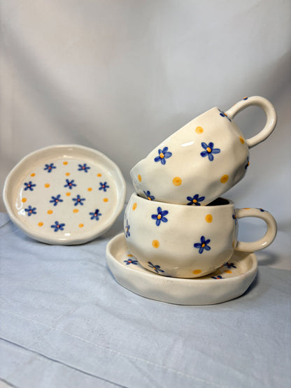 Handmade Ceramic Cup with Saucer – Blue Daisy & Sunshine Dots | Pankhhari Home