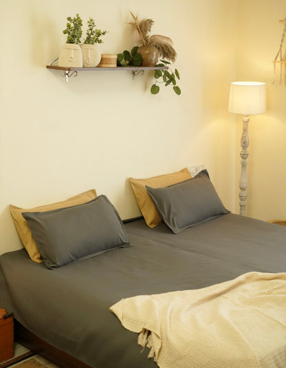 Solid Grey Queen Size Cotton Bedsheet Set with Pillow Covers
