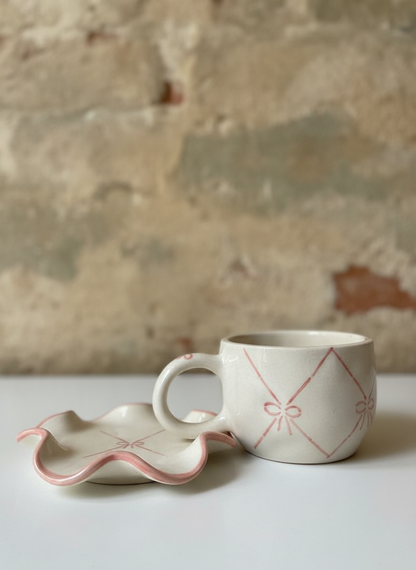 Handmade Ceramic Cup & Saucer Set with Pink Bow Design – Minimalist Pottery