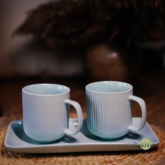 Stripped Ceramic Mug (Set of 3) with Tray Set (250 ml, Stripe, Ceramic)