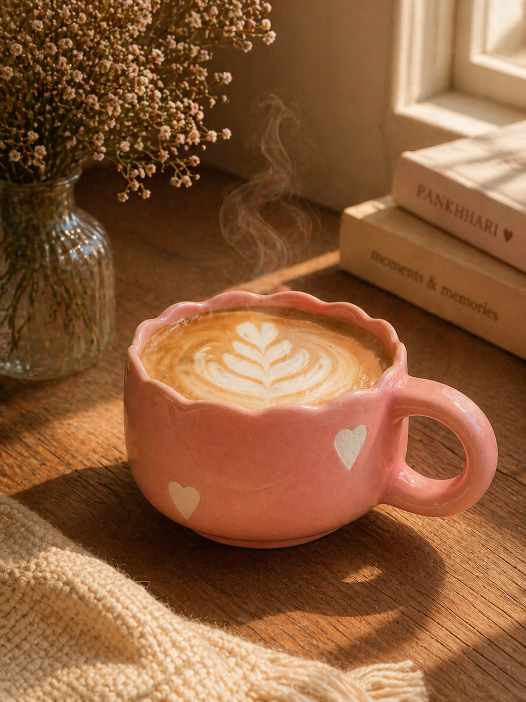 Pink Aesthetic Ceramic Coffee Mug with Hearts | Cute Cappuccino Latte Cup | Handmade Scalloped Rim Mug | Microwave Dishwasher Safe | Gift Mug for Girls | Pankhhari