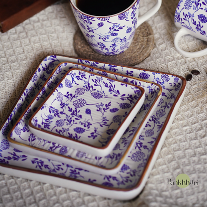 Floral Blue Ceramic Square Snack Platter Set of 3