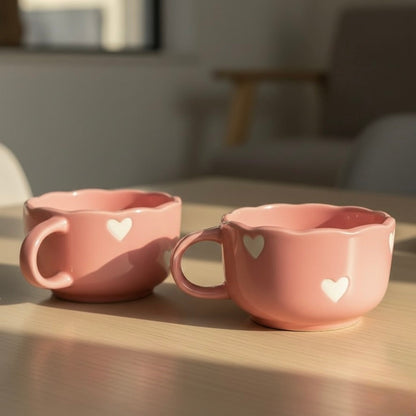 Pink Aesthetic Ceramic Coffee Mug with Hearts | Cute Cappuccino Latte Cup | Handmade Scalloped Rim Mug | Microwave Dishwasher Safe | Gift Mug for Girls | Pankhhari