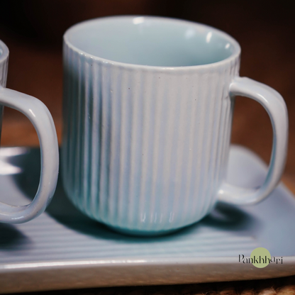 Stripped Ceramic Mug (Set of 3) with Tray Set (250 ml, Stripe, Ceramic)
