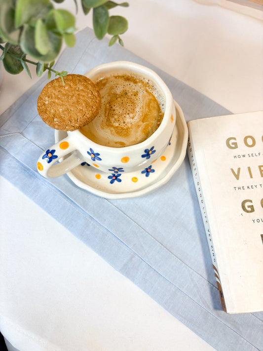 Handmade Ceramic Cup with Saucer – Blue Daisy & Sunshine Dots | Pankhhari Home