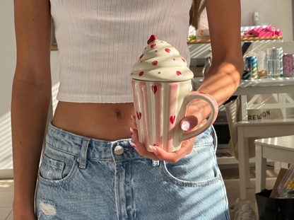 Cherry swirl ceramic mug with lid in cream and cherry red — cute handmade coffee mug by Pankhhari
