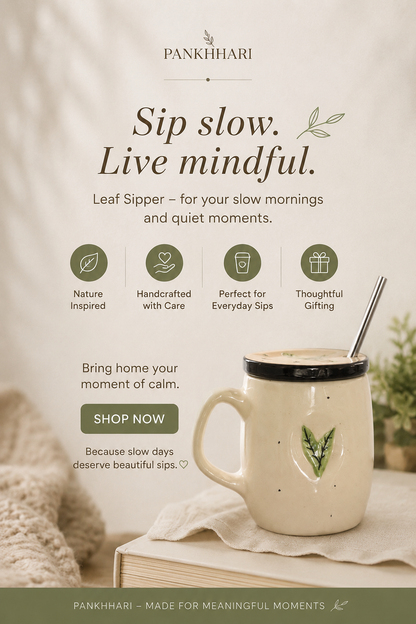 Sage Leaf Handpainted Ceramic Sipper Mug with Lid & Steel Straw