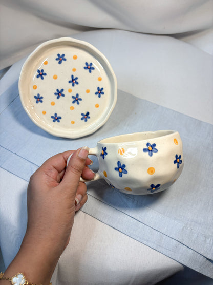 Handmade Ceramic Cup with Saucer – Blue Daisy & Sunshine Dots | Pankhhari Home