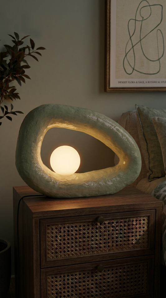Modern arch eco-friendly table lamp in a warm styled living room – Pankhhari India