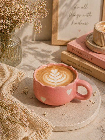 Pink Aesthetic Ceramic Coffee Mug with Hearts | Cute Cappuccino Latte Cup | Handmade Scalloped Rim Mug | Microwave Dishwasher Safe | Gift Mug for Girls | Pankhhari
