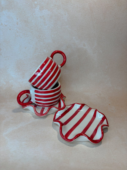 Candy Stripe Mug Set – Red & White Handcrafted Ceramic Coffee & Tea Cup with Plate