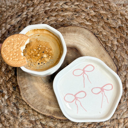 Handmade Ceramic Cup & Saucer Set with Pink Bow Design – Minimalist Pottery