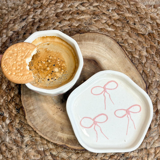 Handmade Ceramic Cup & Saucer Set with Pink Bow Design – Minimalist Pottery