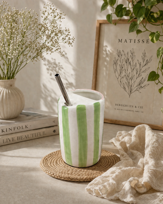 Green Stripe Ceramic Sipper Cup with Steel Straw | Aesthetic Handmade Coffee Mug | Reusable Drinkware for Cold Beverages