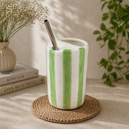 Green Stripe Ceramic Sipper Cup with Steel Straw | Aesthetic Handmade Coffee Mug | Reusable Drinkware for Cold Beverages