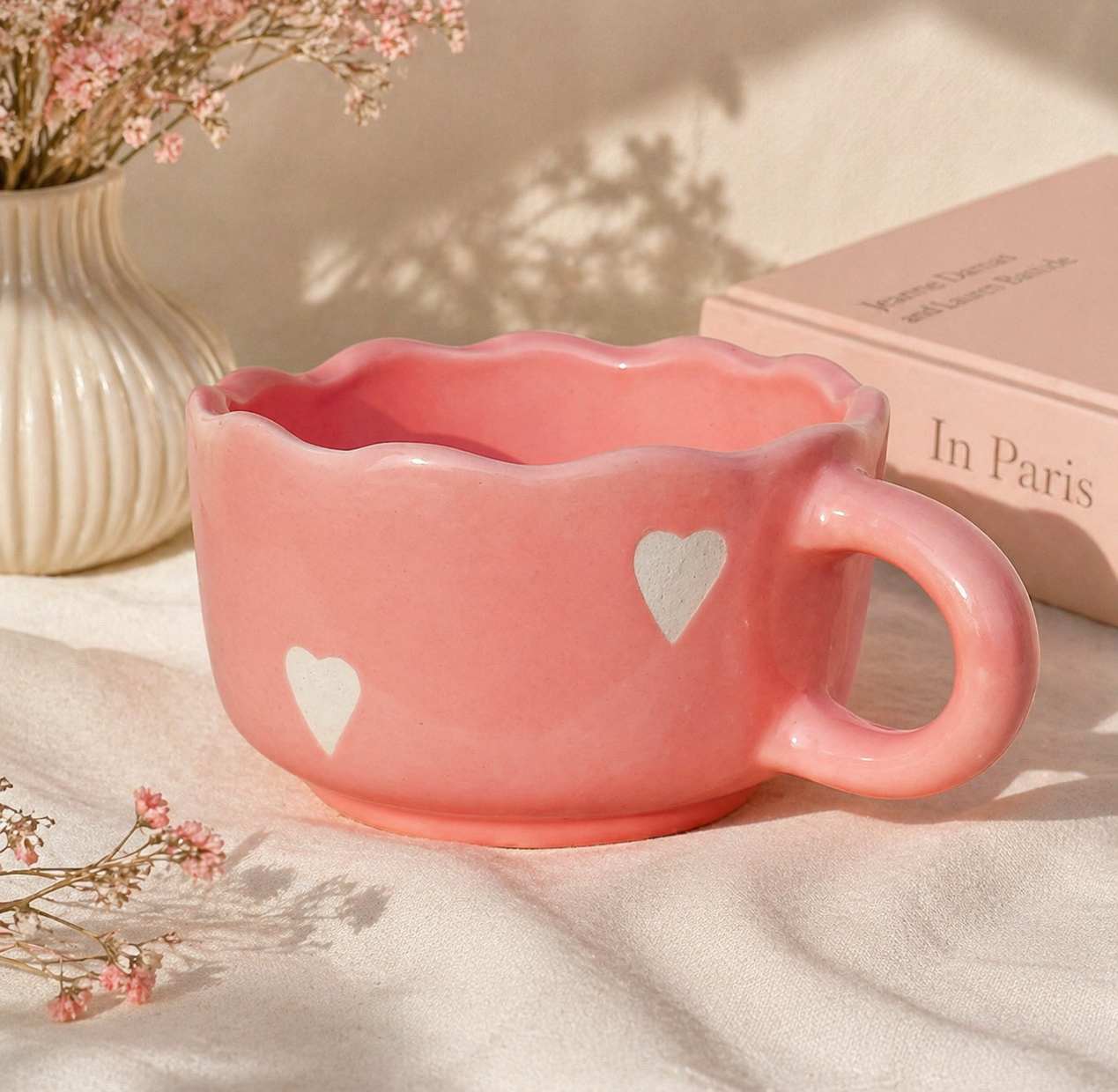Pink Aesthetic Ceramic Coffee Mug with Hearts | Cute Cappuccino Latte Cup | Handmade Scalloped Rim Mug | Microwave Dishwasher Safe | Gift Mug for Girls | Pankhhari