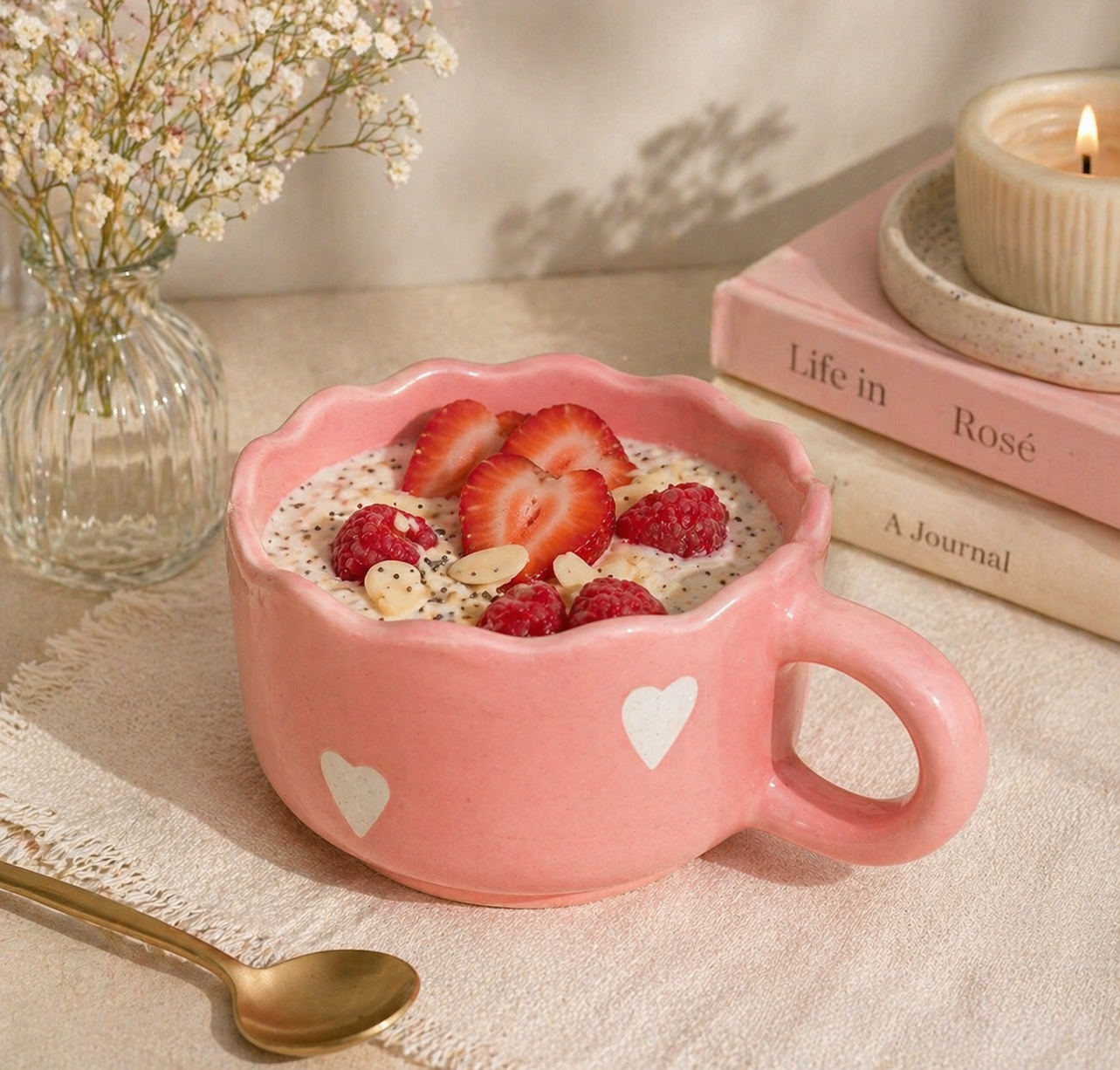 Pink Aesthetic Ceramic Coffee Mug with Hearts | Cute Cappuccino Latte Cup | Handmade Scalloped Rim Mug | Microwave Dishwasher Safe | Gift Mug for Girls | Pankhhari