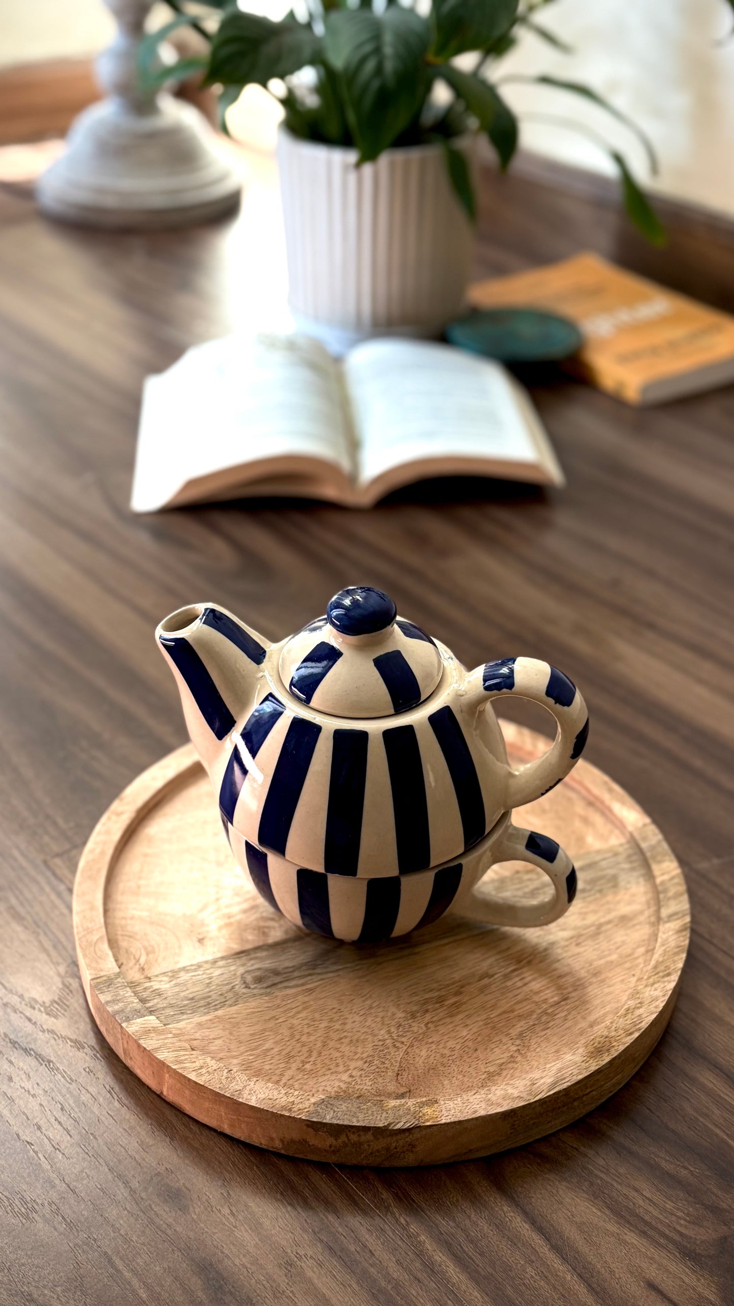 Handmade blue stripe ceramic kettle and cup set for tea — aesthetic home decor by Pankhhari India