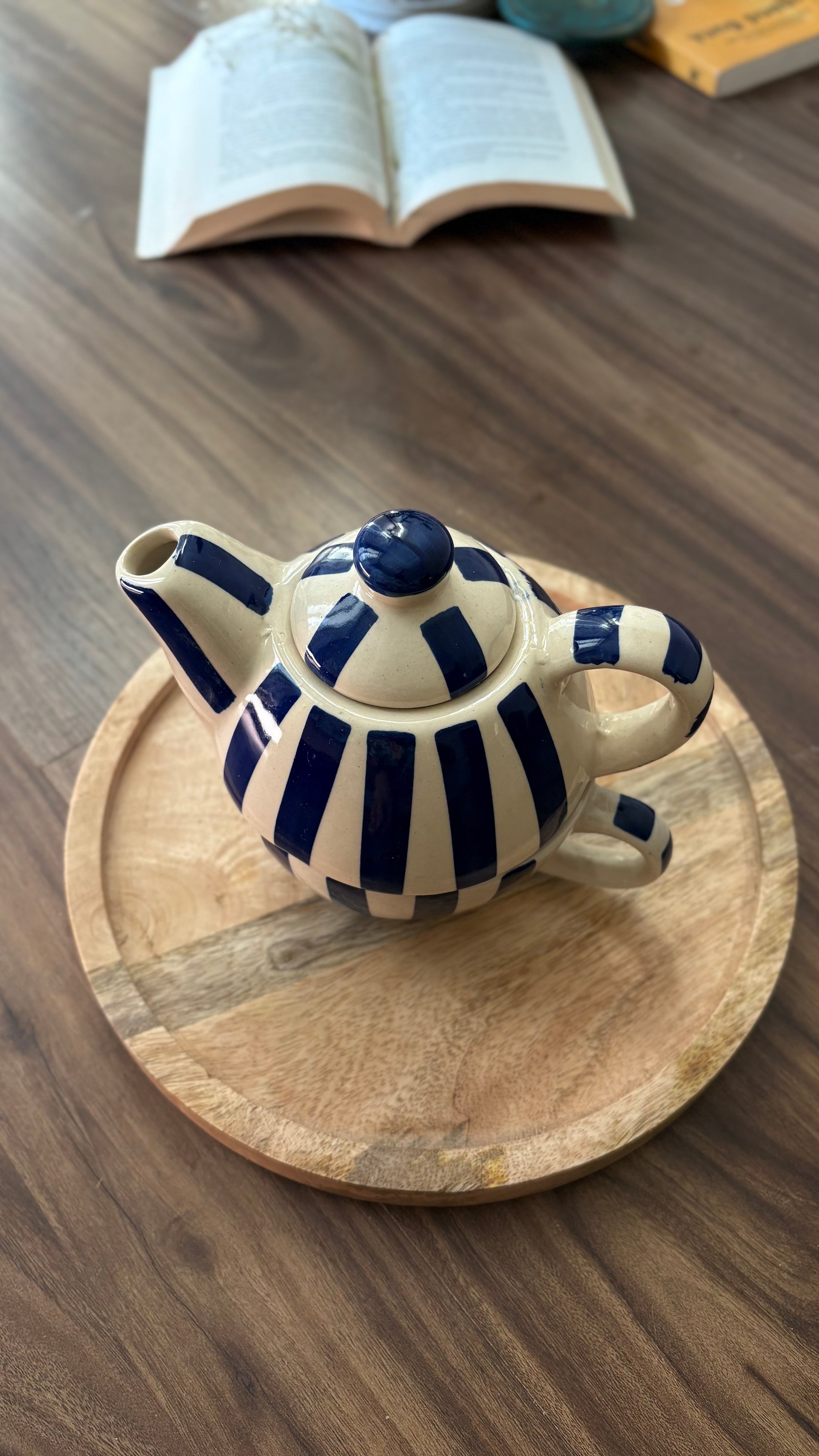 Blue stripe handmade ceramic kettle and cup set – cozy tea time by Pankhhari India