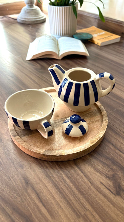 Handmade blue stripe ceramic kettle and cup set for tea — aesthetic home decor by Pankhhari India