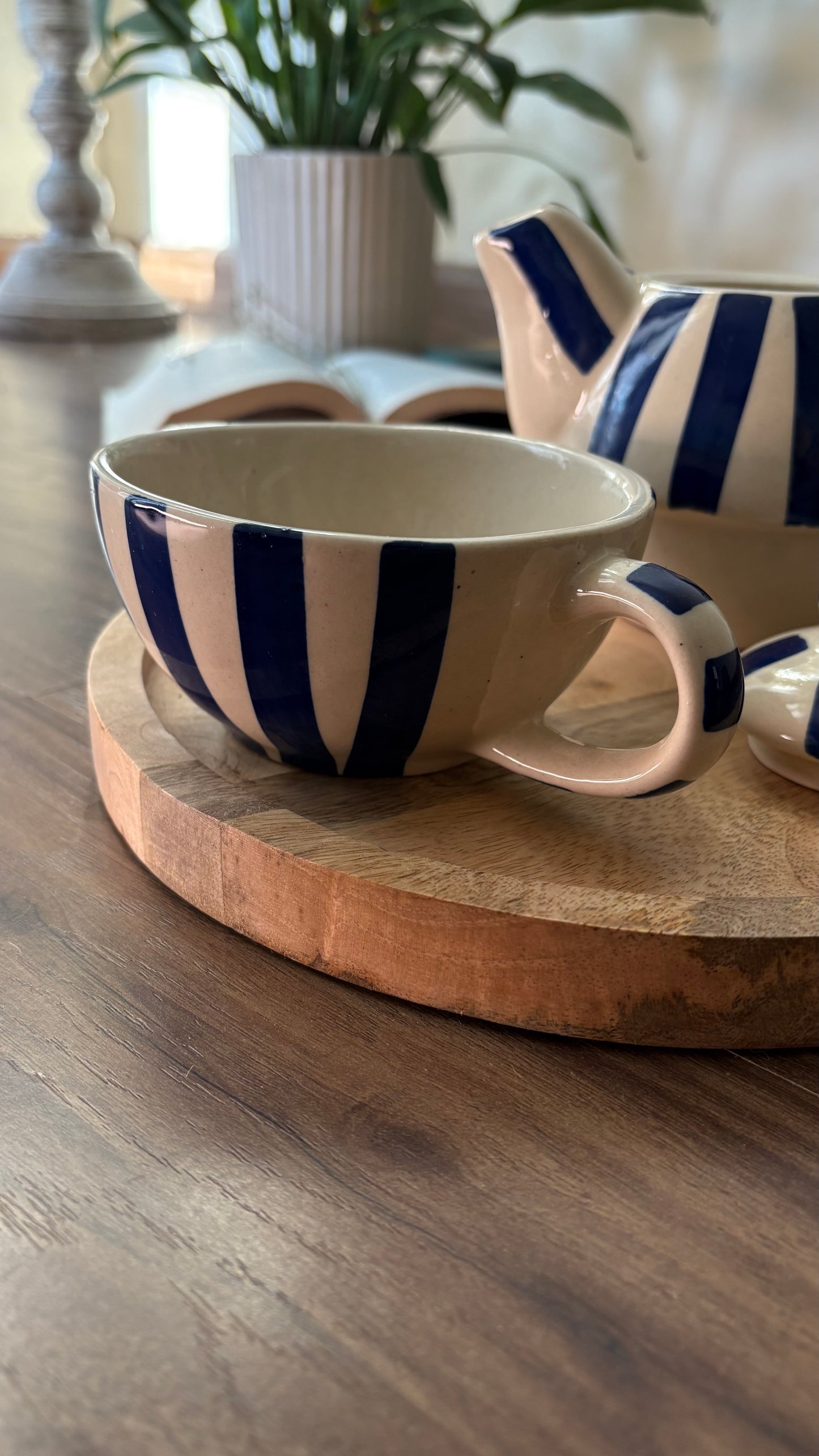 Handmade blue stripe ceramic kettle and cup set for tea — aesthetic home decor by Pankhhari India