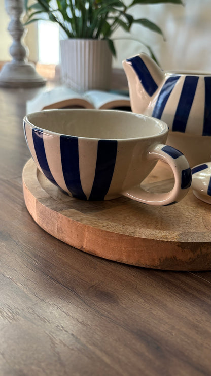 Handmade blue stripe ceramic kettle and cup set for tea — aesthetic home decor by Pankhhari India