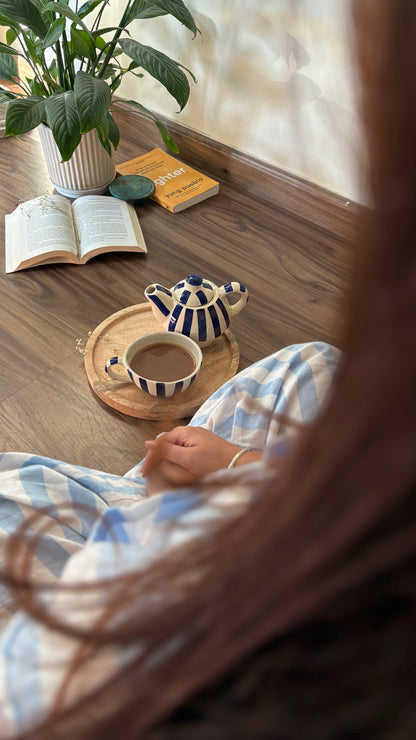 Handmade blue stripe ceramic kettle and cup set for tea — aesthetic home decor by Pankhhari India