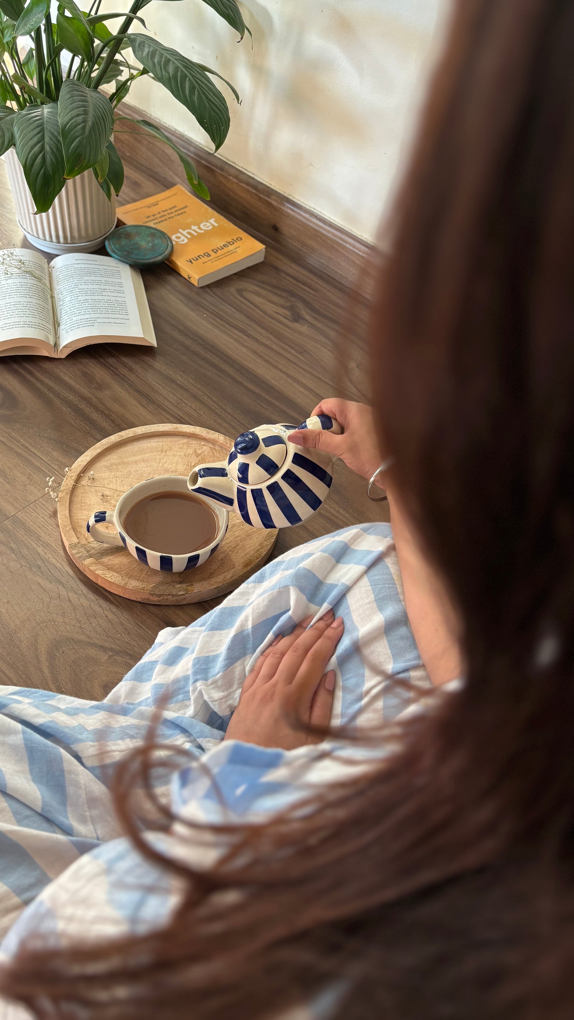Blue stripe ceramic kettle close-up – playful handmade tea set by Pankhhari