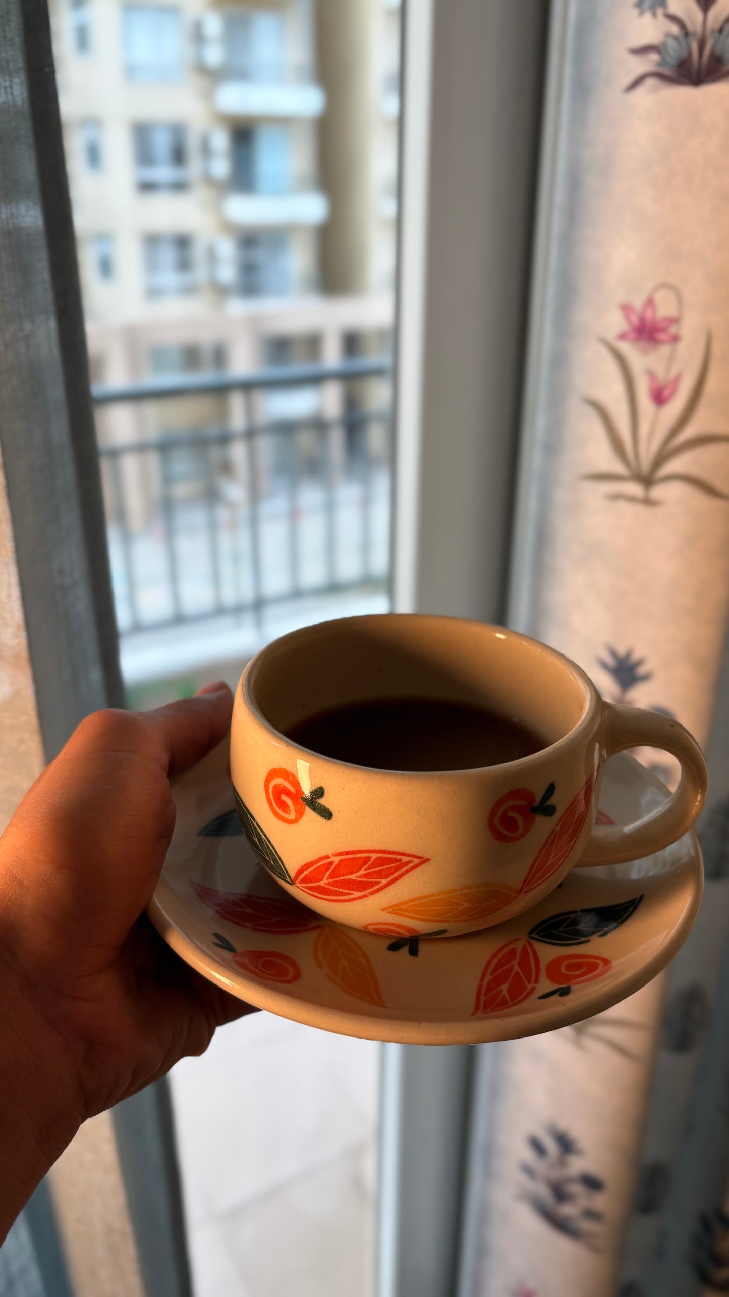 Handmade Ceramic Tea Cup & Saucer Set – Floral Aesthetic Mug | Microwave & Dishwasher Safe