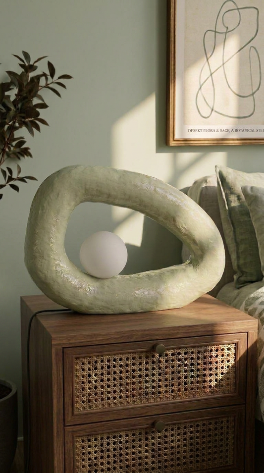 Modern arch table lamp close-up showing sustainable handmade craft – Pankhhari India