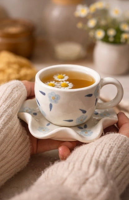 Fluer blue handmade ceramic cup and saucer set — floral tea cup by Pankhhari