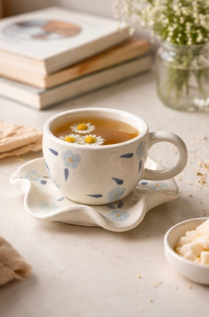 Fluer blue handmade ceramic cup and saucer set — floral tea cup by Pankhhari