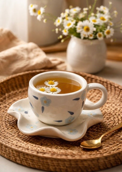 Fluer blue handmade ceramic cup and saucer set — floral tea cup by Pankhhari