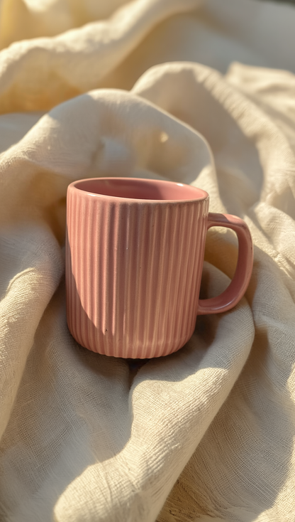 Luxury ribbed ceramic mug in pastel butter yellow, blush pink, and grey blue — handmade by Pankhhari