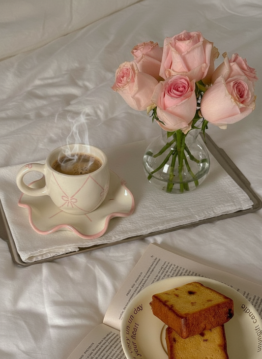 Pink bow minimalist handmade ceramic cup and saucer set – elegant tea cup by Pankhhari India