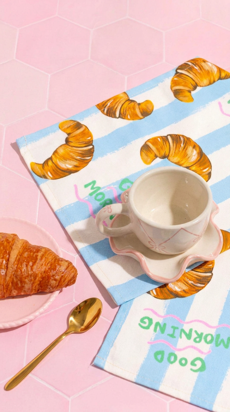 Handmade white ceramic cup and saucer set with pink bow detail — minimalist pottery by Pankhhari