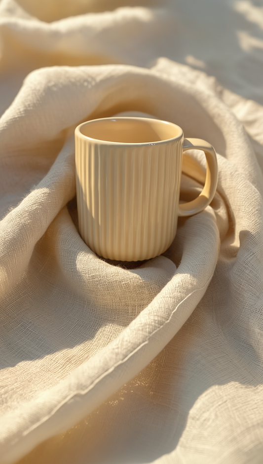 Three pastel ribbed ceramic mugs lined up – yellow pink blue handmade mugs by Pankhhari