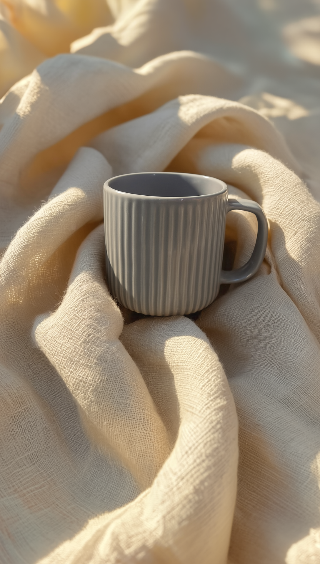 Luxury ribbed ceramic mug in pastel butter yellow, blush pink, and grey blue — handmade by Pankhhari