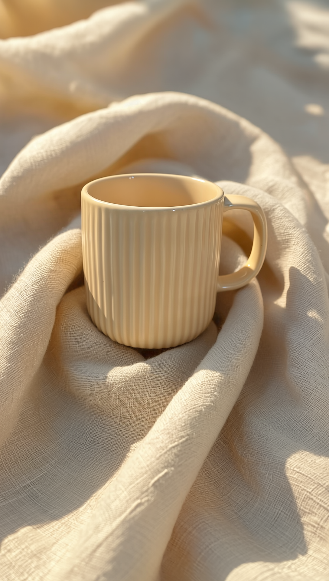Luxury ribbed ceramic mug in pastel butter yellow, blush pink, and grey blue — handmade by Pankhhari
