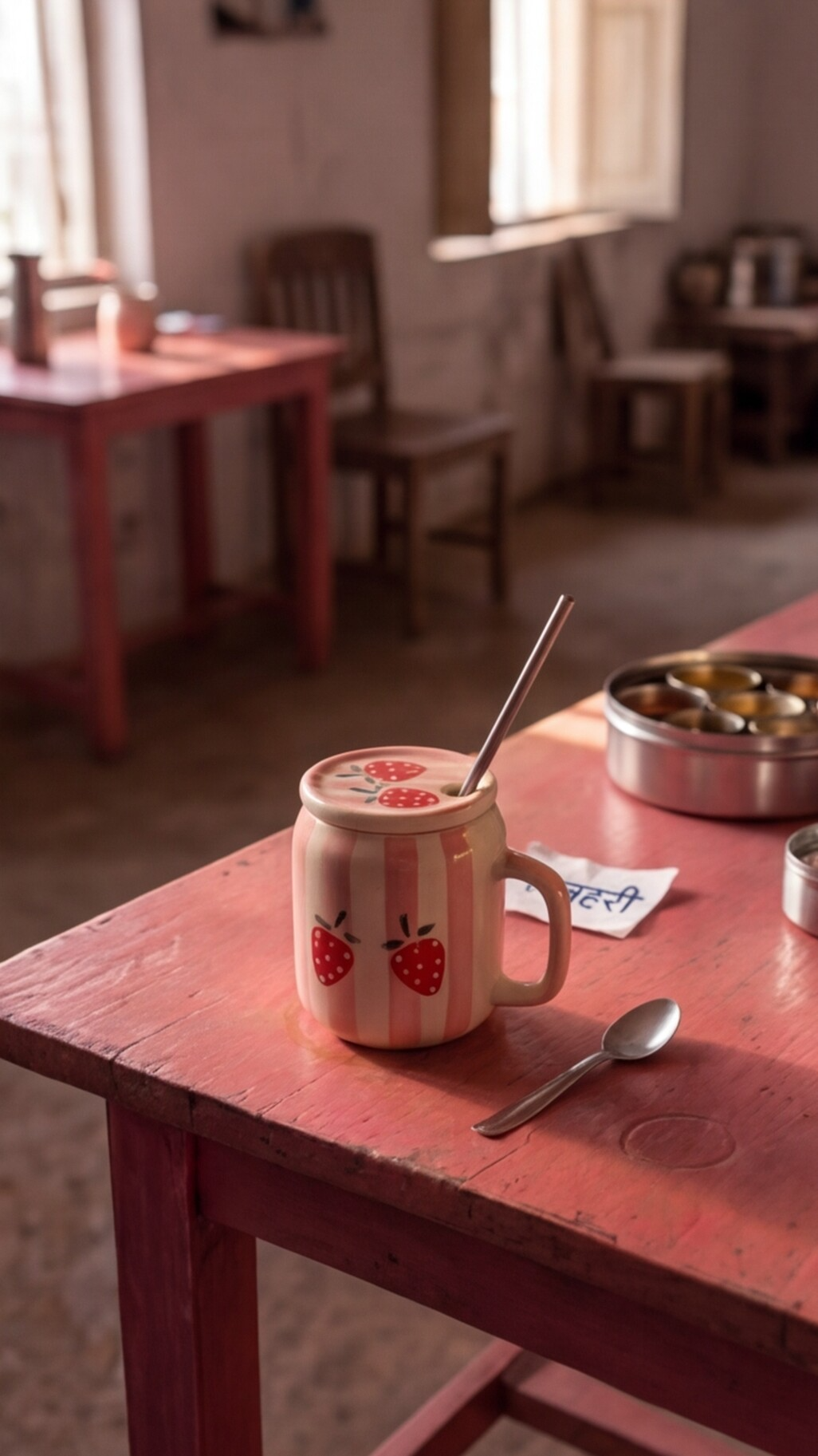 Strawberry sipper ceramic mug with lid and steel straw — cute hot and cold drink mug by Pankhhari