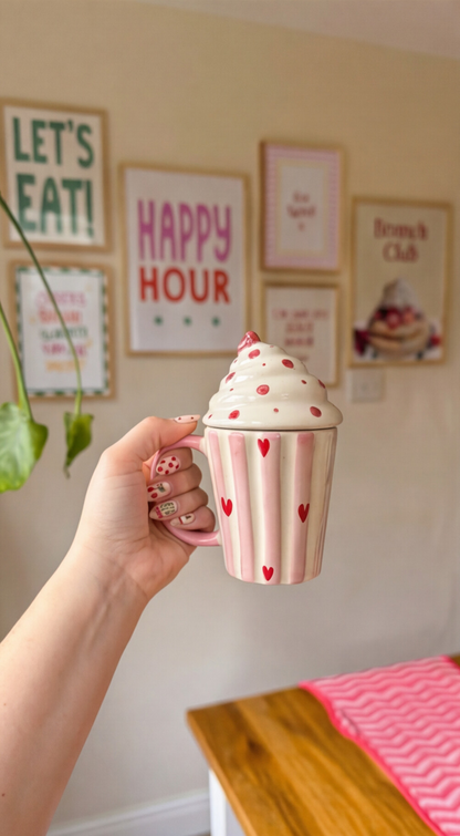 Cherry swirl ceramic mug with lid in cream and cherry red — cute handmade coffee mug by Pankhhari
